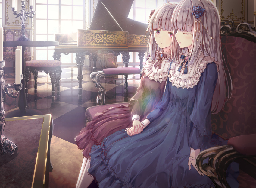 2girls argyle bangs blue_dress blue_flower blue_rose blunt_bangs brown_dress closed_eyes commentary_request day dress eyebrows_visible_through_hair flower frills grand_piano greyscale hair_flower hair_ornament highres holding_hands indoors instrument long_hair long_sleeves missile228 monochrome multiple_girls original pantyhose parted_lips piano piano_bench red_flower red_rose rose sitting sunlight very_long_hair violet_eyes white_legwear window