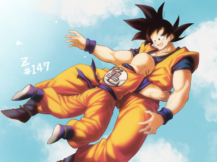 2boys :d arms_at_sides bald black_eyes black_hair blue_footwear blue_sky blurry bokeh boots closed_eyes clothes_writing clouds cloudy_sky copyright_name crying day depth_of_field dougi dragon_ball dragon_ball_z dutch_angle floating floating_hair full_body hand_on_another's_chest happy happy_tears highres hug kuririn looking_at_another looking_down male_focus mattari_illust multiple_boys muscle number open_mouth outdoors profile shaded_face sky smile son_gokuu spiky_hair tears waist_hug wristband