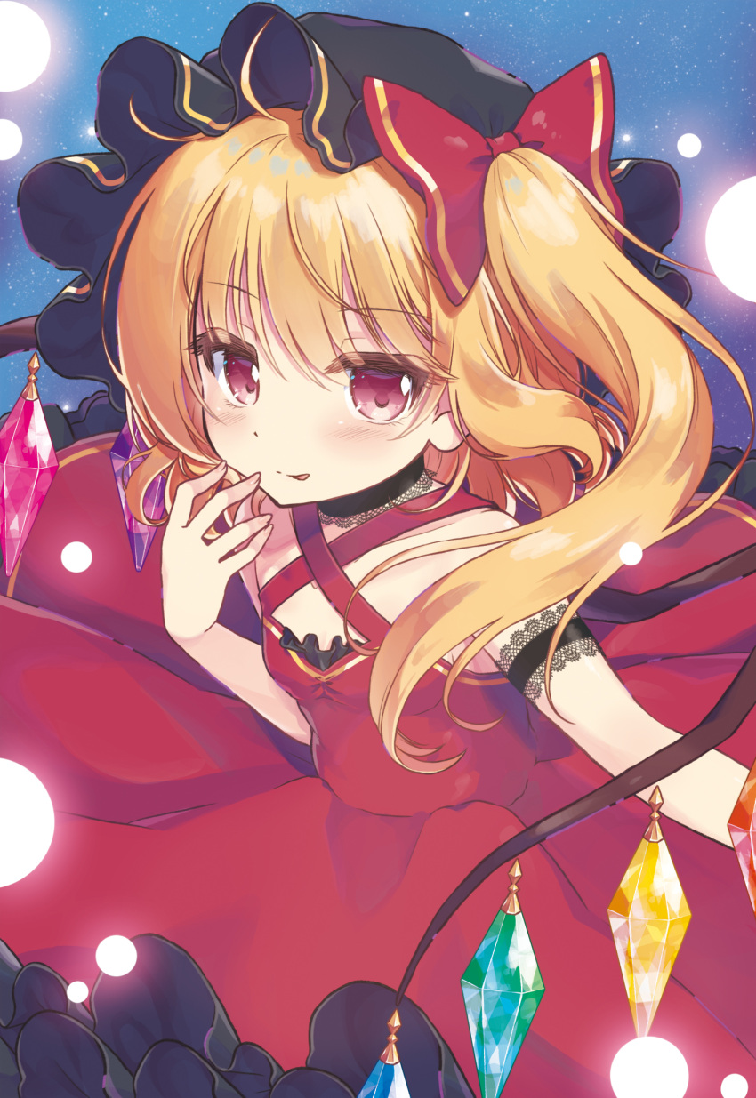1girl :q alternate_costume armband armpit_peek arms_up bangs beni_kurage black_choker black_headwear blonde_hair blue_background blush bow breasts choker commentary_request cowboy_shot crystal danmaku dress eyebrows_visible_through_hair flandre_scarlet frilled_skirt frills hair_between_eyes hair_bow halter_dress hand_on_own_face hat highres lace lace_choker looking_at_viewer medium_hair mob_cap outstretched_arm red_dress red_eyes shiny shiny_hair side_ponytail skirt small_breasts solo tongue tongue_out touhou wings