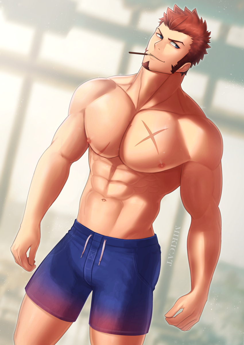 1boy abs absurdres alternate_costume bara beard blue_eyes brown_hair chest facial_hair fate_(series) highres looking_to_the_side male_focus mikicat0824 muscle napoleon_bonaparte_(fate/grand_order) nipples pectorals scar shorts sideburns simple_background smile solo standing topless upper_body