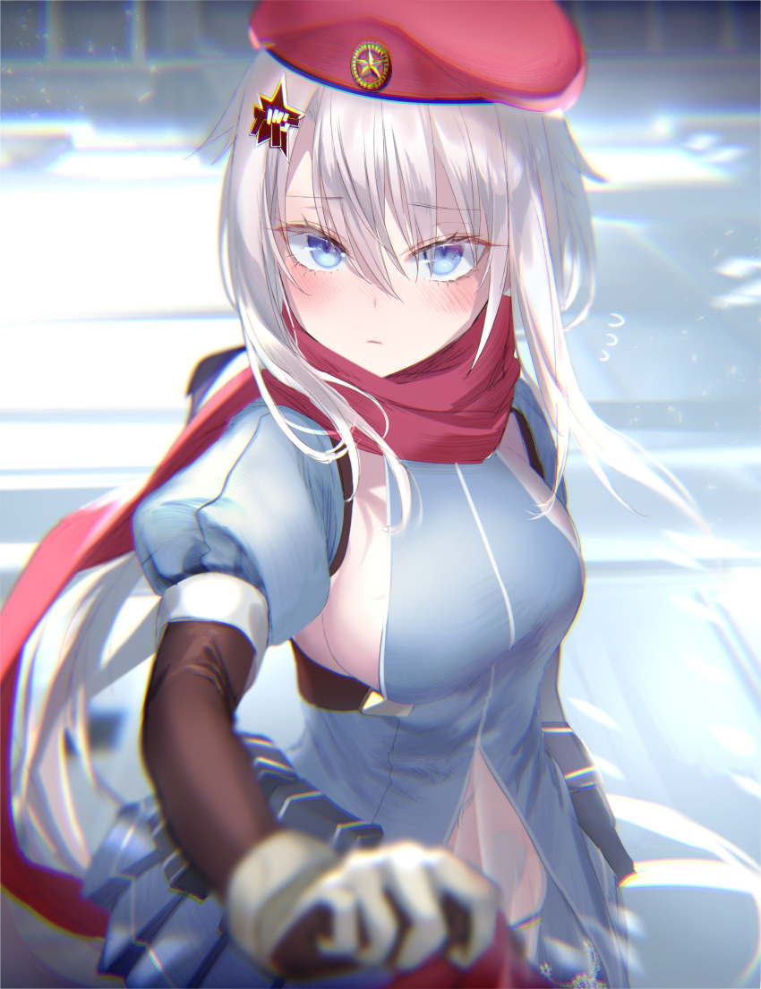 1girl 9a-91_(girls_frontline) absurdres bangs beret black_panties blue_eyes blue_skirt blush breasts closed_mouth dress elbow_gloves eyebrows_visible_through_hair eyelashes flying_sweatdrops girls_frontline gloves hair_ornament hair_ribbon hat highres long_hair looking_at_viewer low_twintails medium_breasts panties pleated_skirt pottsness pouch puffy_short_sleeves puffy_sleeves red_headwear red_scarf ribbon scarf see-through short_sleeves sideboob silver_hair skirt solo star twintails underwear