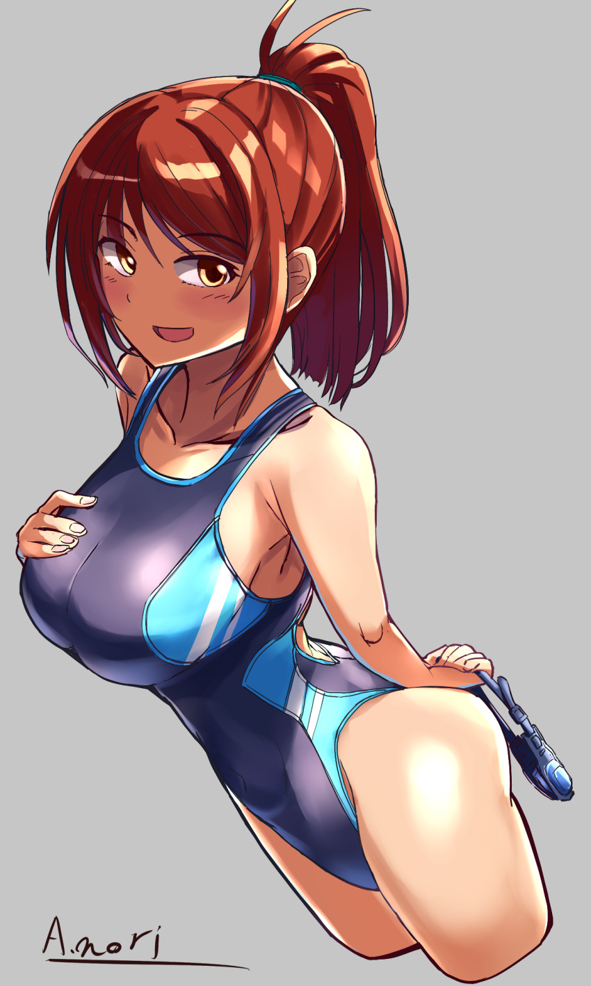 1girl a.nori arms_behind_back blue_swimsuit breasts brown_eyes brown_hair collarbone competition_swimsuit cropped_legs goggles goggles_removed grey_background highres large_breasts long_hair looking_at_viewer one-piece_swimsuit open_mouth original ponytail signature simple_background smile solo swimsuit