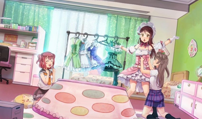 3girls beniko08 birthday clothes_rack costume dancing_stars_on_me! diamond_mouth dress dressing_another ganbaru_pose grey_hair hat highres kira-kira_sensation! korekara_no_someday kurosawa_ruby long_hair love_live! love_live!_school_idol_festival_all_stars love_live!_school_idol_project love_live!_sunshine!! minami_kotori multiple_girls one_side_up otonokizaka_school_uniform redhead sakurauchi_riko school_uniform start:dash!! twintails uranohoshi_school_uniform yume_no_tobira