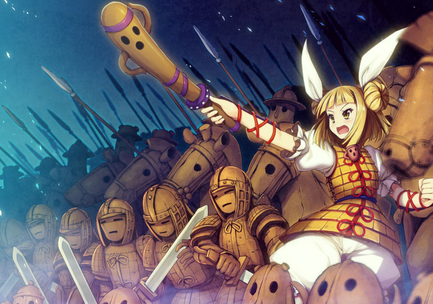 1girl armor armored_dress army baggy_pants bangs blonde_hair blunt_bangs chima_q clenched_hand commentary_request cowboy_shot double_bun dress hair_ribbon haniwa_(statue) highres holding holding_sword holding_weapon joutouguu_mayumi night night_sky open_mouth outdoors pants polearm ribbon shirt short_hair sidelocks sky spear standing statue sword touhou v-shaped_eyebrows vambraces weapon white_pants white_ribbon white_shirt yellow_dress yellow_eyes