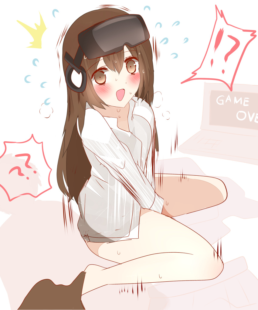 !? /\/\/\ 1girl :d ?? absurdres bangs blue_jacket blue_skirt blush breasts brown_eyes brown_hair brown_legwear collared_shirt computer covering covering_crotch eyebrows_visible_through_hair flying_sweatdrops game_over hair_between_eyes head_mounted_display highres jacket jacket_removed laptop long_hair long_sleeves looking_at_viewer non_(wednesday-classic) open_mouth original pantyhose pleated_skirt shadow shirt sitting skirt skirt_removed small_breasts smile solo spoken_interrobang sweat very_long_hair wariza white_background white_shirt