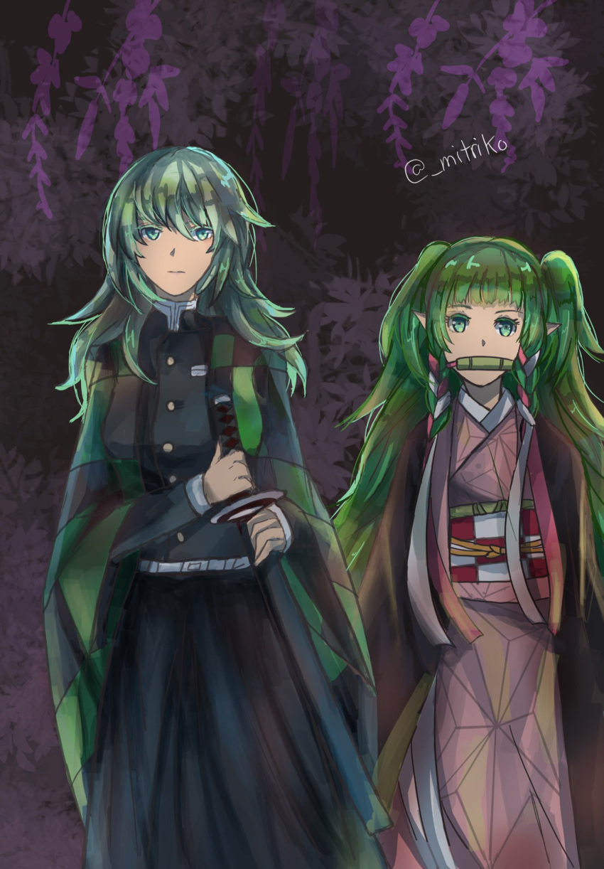2girls bamboo bit_gag braid byleth_(fire_emblem) byleth_eisner_(female) checkered closed_mouth cosplay cropped_legs fire_emblem fire_emblem:_three_houses flower gag green_eyes green_hair hair_ornament hand_on_sheath haori highres hime_cut holding holding_sword holding_weapon japanese_clothes kamado_nezuko kamado_nezuko_(cosplay) kamado_tanjirou kamado_tanjirou_(cosplay) katana kimetsu_no_yaiba kimono long_hair manakete mitriko multiple_girls pointy_ears ribbon sothis_(fire_emblem) sword twin_braids twintails twitter_username uniform weapon wisteria