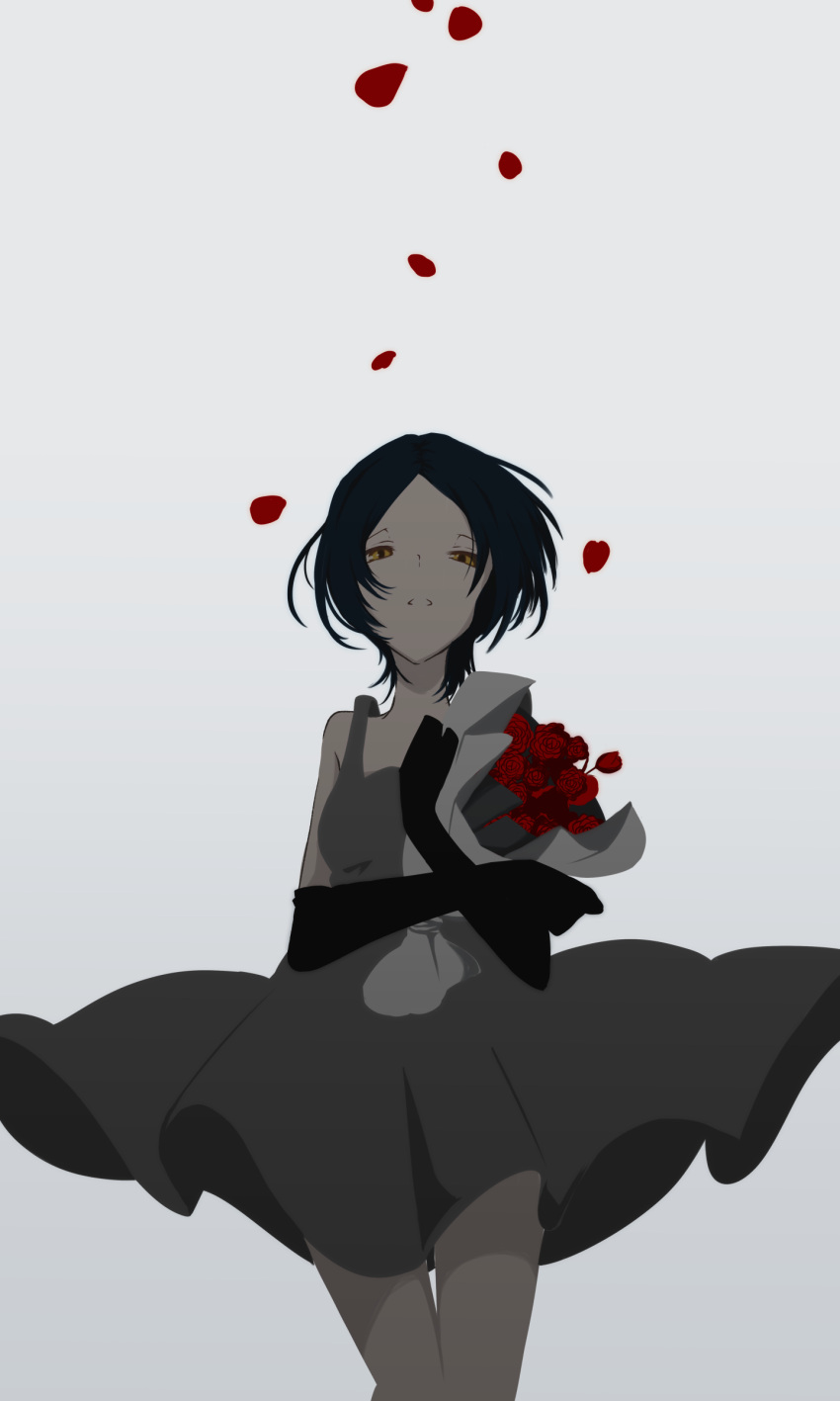 1girl absurdres alternate_hairstyle black_gloves bouquet breasts dress elbow_gloves falling_petals flower gloves grey_background grey_dress hayami_kanade highres holding holding_bouquet idolmaster idolmaster_cinderella_girls limited_palette looking_at_viewer mullet parted_lips petals rose_petals short_hair small_breasts solo spot_color tantei001 wind yellow_eyes