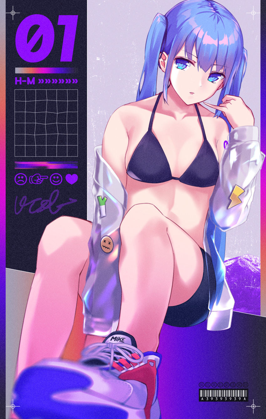 1girl 39 bikini_top black_bikini_top blue_eyes blue_hair foreshortening hatsune_miku highres long_hair off_shoulder osanzi shoes sidelocks sneakers solo twintails vocaloid