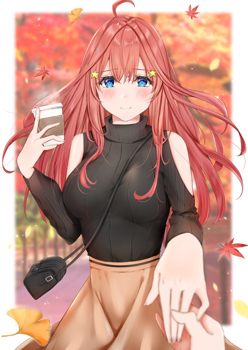 1girl absurdres ahoge autumn autumn_leaves bag bangs between_breasts black_shirt blue_eyes blurry blush border breasts brown_skirt closed_mouth coffee coffee_cup cowboy_shot cup depth_of_field disposable_cup eyebrows_visible_through_hair eyes_visible_through_hair fingernails go-toubun_no_hanayome hair_ornament hand_up highres holding holding_cup holding_hands long_hair looking_at_viewer nakano_itsuki open_mouth out_of_frame outside_border outstretched_arm reaching_out shirt shoulder_bag shoulder_cutout skirt smile solo_focus star star_hair_ornament sweater turtleneck turtleneck_sweater