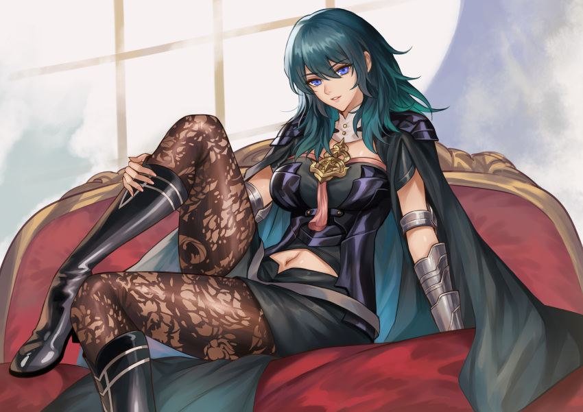 1girl absurdres black_skirt blue_eyes boots breasts byleth_(fire_emblem) byleth_eisner_(female) cape clouds couch fire_emblem fire_emblem:_three_houses gauntlets green_hair high_heel_boots high_heels highres knee_boots leg_up long_hair midriff navel pantyhose patterned_clothing pengnangehao simple_background skirt solo window