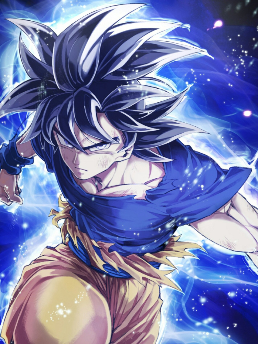 1boy aura black_background black_hair blue_shirt dark_background dirty dirty_clothes dirty_face dougi dragon_ball dragon_ball_super dragon_ball_z expressionless floating_hair grey_eyes highres light_particles male_focus mattari_illust muscle orange_pants outstretched_arm pants pectorals shaded_face shirt simple_background son_gokuu spiky_hair torn_clothes torn_shirt ultra_instinct wristband