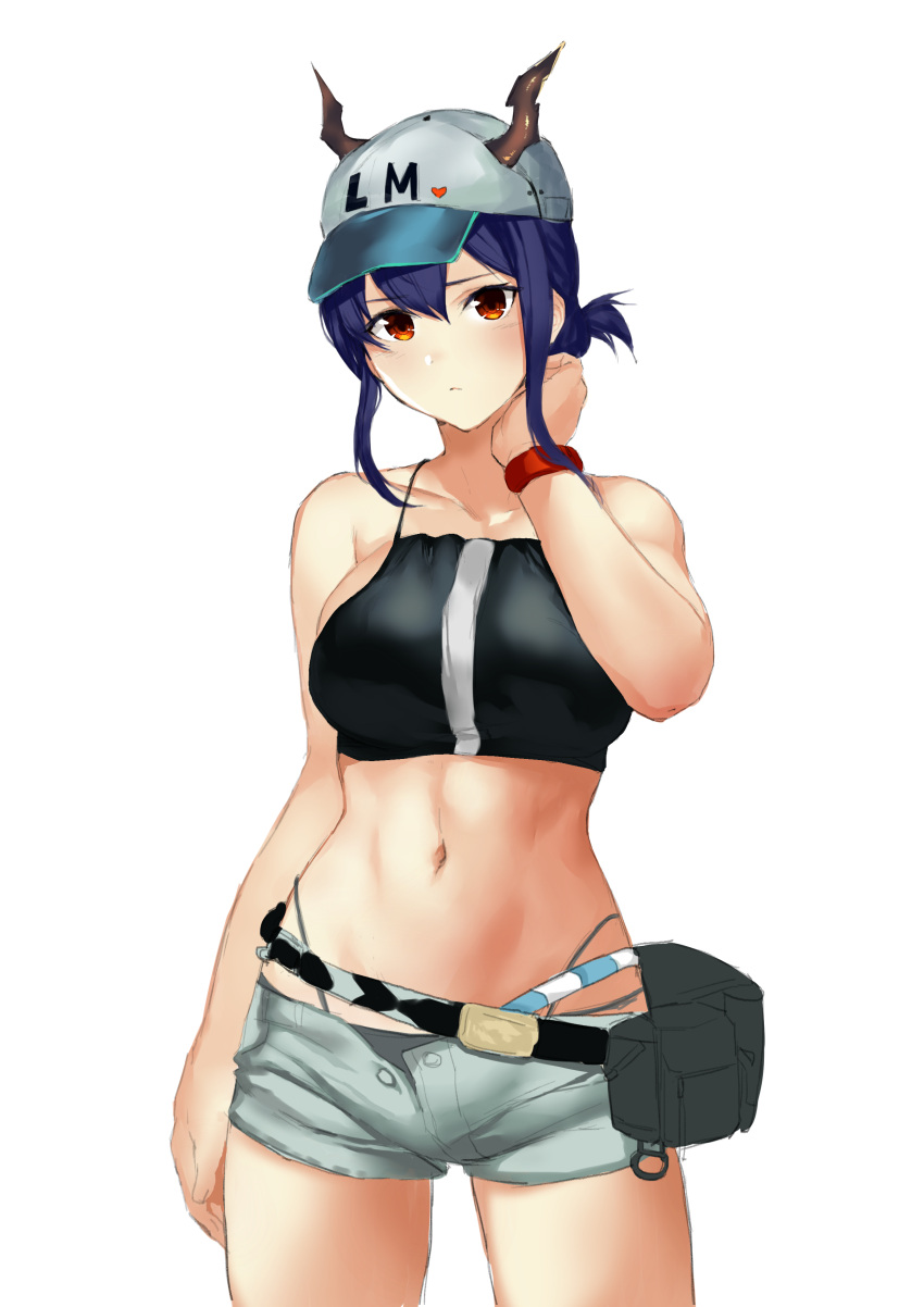 1girl absurdres arknights bare_shoulders baseball_cap belt belt_pouch black_shirt blue_hair breasts ch'en_(arknights) collarbone cowboy_shot crop_top grey_shorts hand_up hat highleg highres horns horns_through_headwear large_breasts long_hair looking_at_viewer midriff navel open_fly pouch red_eyes shirt short_shorts shorts sidelocks simple_background sleeveless sleeveless_shirt solo spaghetti_strap standing telru white_background wristband