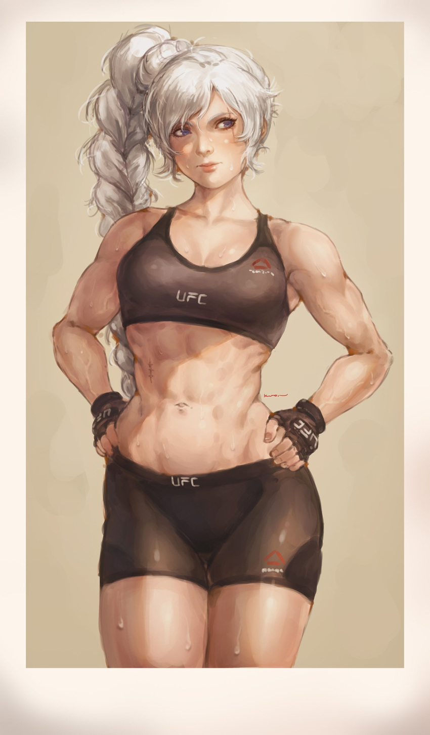 1girl abs absurdres bike_shorts blue_eyes border commentary cowboy_shot english_commentary fingerless_gloves gloves hands_on_hips highres kuon_(kwonchanji) lips long_hair looking_away nose rwby scar scar_across_eye side_ponytail simple_background solo sports_bra sweat toned ultimate_fighting_championship weiss_schnee white_hair