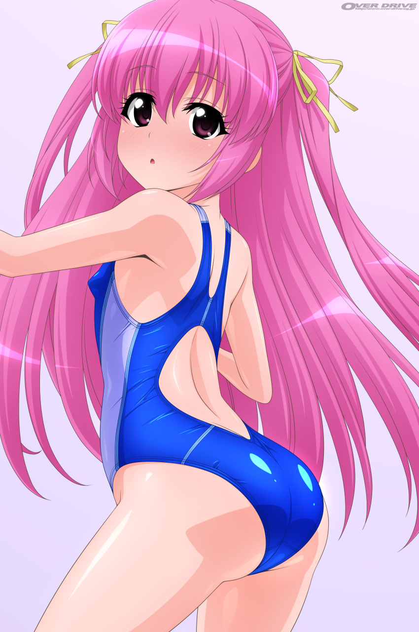 1girl absurdres ass blue_swimsuit blush breasts commentary_request competition_swimsuit contrapposto cowboy_shot from_behind grey_background hair_ribbon highres long_hair looking_at_viewer looking_back one-piece_swimsuit original pink_hair ribbon simple_background small_breasts solo standing sugimura_tomokazu swimsuit two_side_up violet_eyes yellow_ribbon