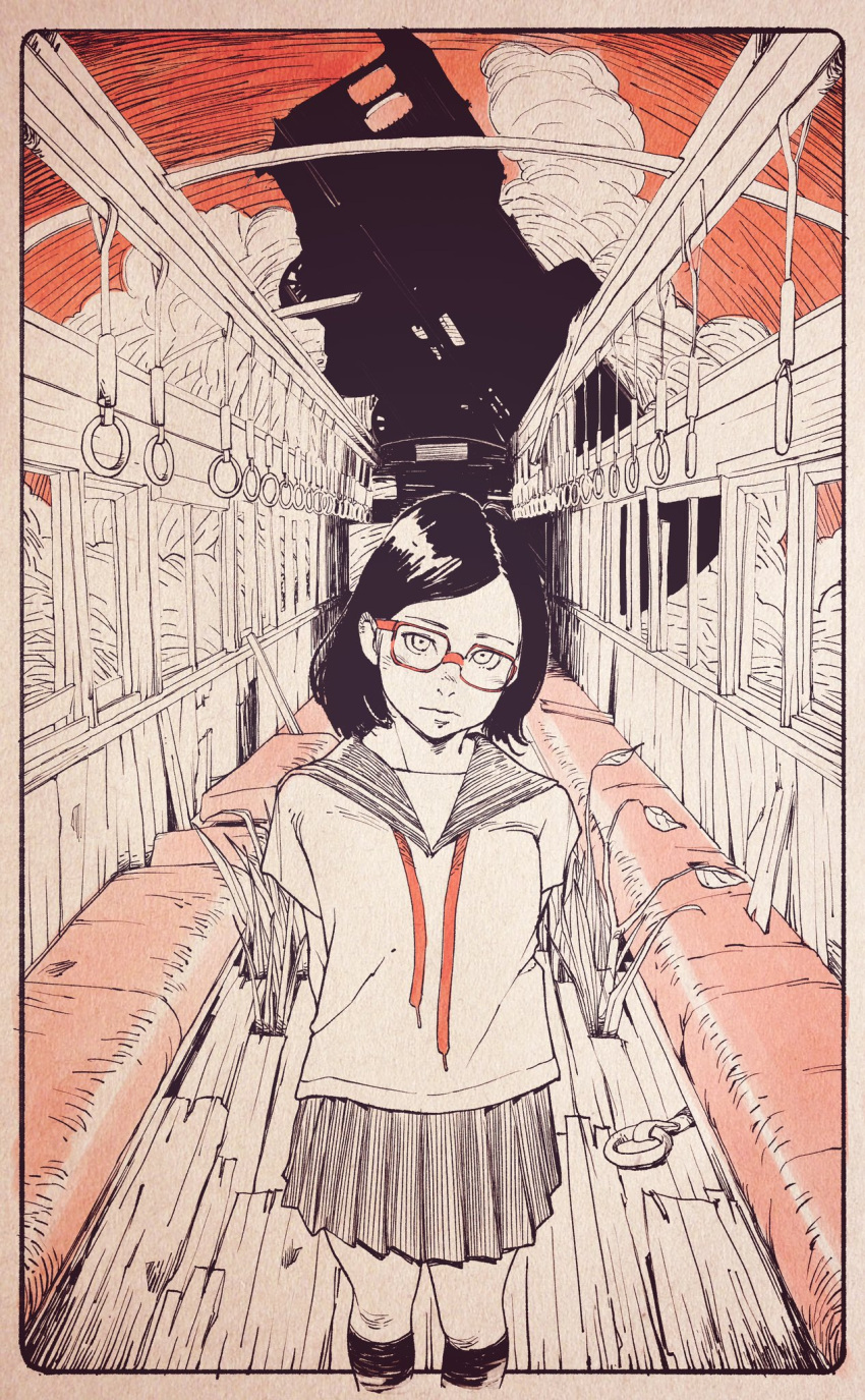 1girl black_hair black_legwear border clouds cotoh_tsumi feet_out_of_frame glasses highres leaf limited_palette looking_at_viewer medium_hair original plant pleated_skirt red-framed_eyewear red_sky shirt short_sleeves skirt sky solo standing train_interior white_shirt