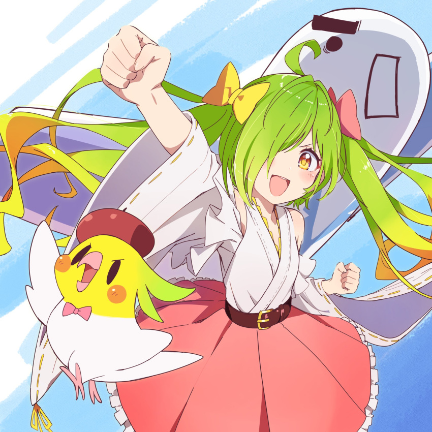 1girl :d ahoge animal arm_up bangs belt belt_buckle bird blush bow brown_belt brown_eyes buckle clenched_hand commentary_request eyebrows_behind_hair fingernails frilled_skirt frills fukuoka_gourmet_sanmai_yokato_channel green_hair hair_bow hair_over_one_eye highres japanese_clothes kimono long_hair looking_at_viewer maizuru_yokato open_mouth pink_skirt red_bow ribbon-trimmed_sleeves ribbon_trim skirt smile solo tama_(tama-s) twintails v-shaped_eyebrows very_long_hair virtual_youtuber white_kimono wide_sleeves yellow_bow