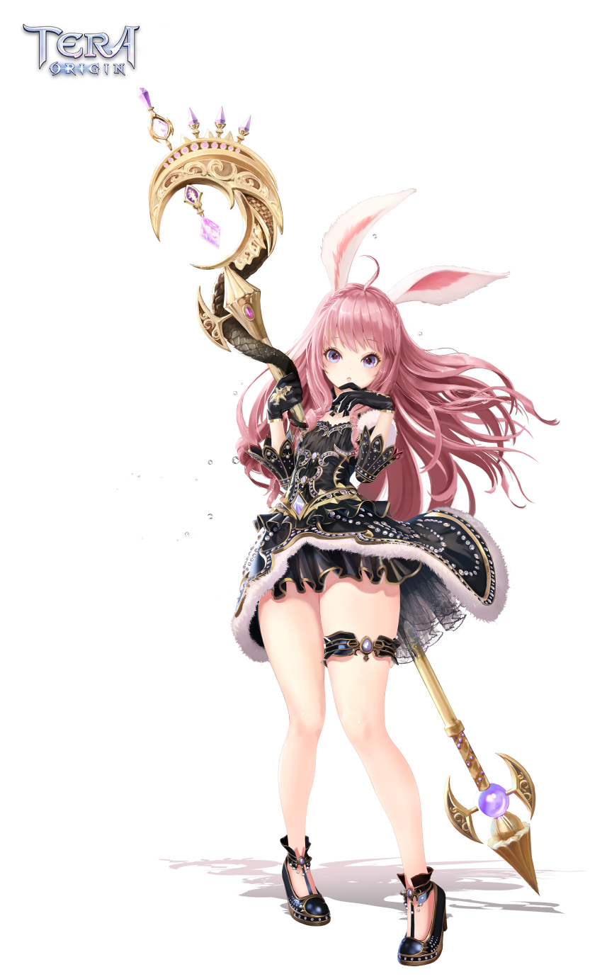 1girl absurdres ahoge animal_ears arm_up bare_legs black_dress black_gloves blue_eyes brown_hair dress elin_(tera) full_body gloves hand_to_own_mouth highres legs long_hair official_art rabbit_ears shoes showgirl_skirt simple_background solo staff standing tera_online thigh_strap weapon white_background wind wind_lift