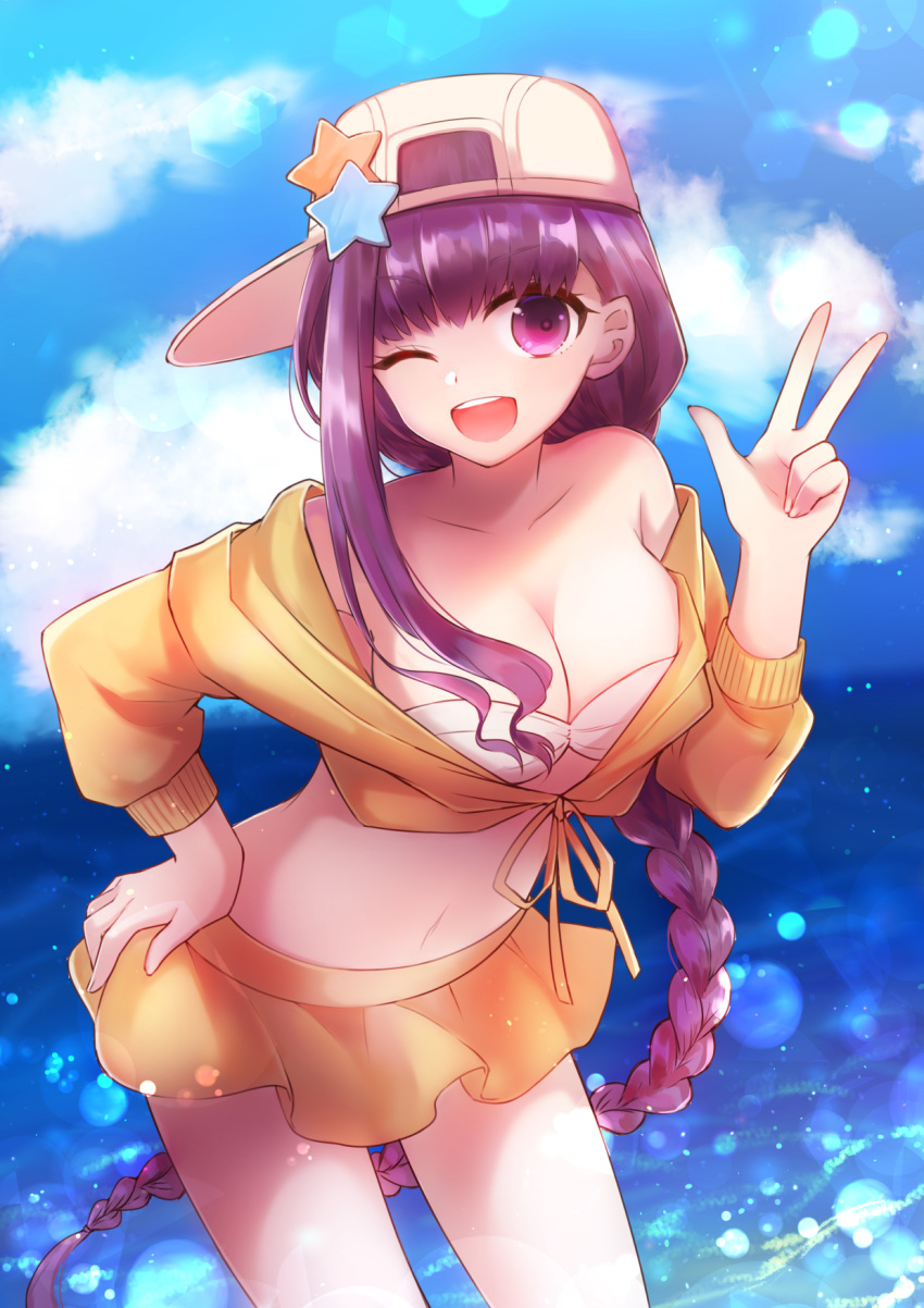 1girl bare_shoulders bb_(fate)_(all) bb_(fate/extra_ccc) bb_(swimsuit_mooncancer)_(fate) breasts collarbone commentary_request eyebrows_visible_through_hair fate/grand_order fate_(series) harutatata19 hat highres jacket large_breasts long_braid long_hair looking_at_viewer one_eye_closed orange_jacket orange_skirt purple_hair ribbon skirt smile solo star very_long_hair violet_eyes