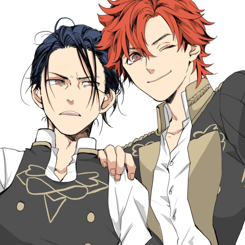 2boys black_hair epaulettes felix_hugo_fraldarius fire_emblem fire_emblem:_three_houses garreg_mach_monastery_uniform highres multiple_boys one_eye_closed orange_eyes orange_hair reo000222 sylvain_jose_gautier teeth upper_body white_background