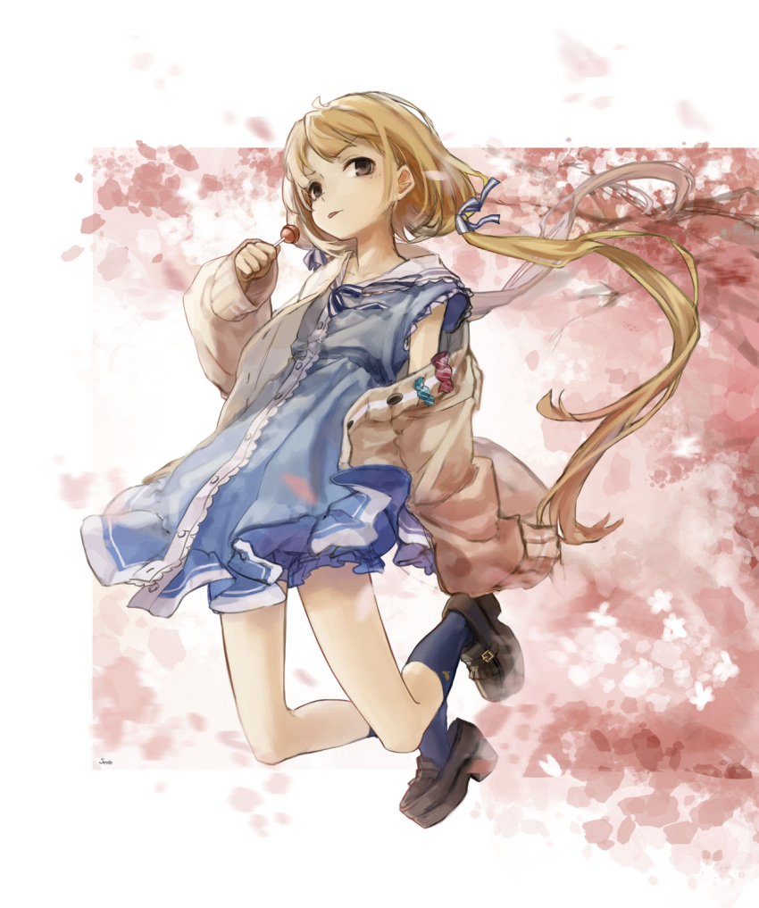 1girl :p blonde_hair blue_dress blue_neckwear bow bowtie brown_eyes candy cardigan cherry_blossoms collarbone commentary dress eyebrows_visible_through_hair food frilled_dress frills full_body futaba_anzu hair_ribbon highres holding_lollipop idolmaster idolmaster_cinderella_girls idolmaster_cinderella_girls_starlight_stage loafers lollipop long_hair long_sleeves low_twintails off_shoulder open_cardigan open_clothes ribbon shoes sleeveless sleeveless_dress sleeves_past_fingers sleeves_past_wrists socks solo striped striped_ribbon tongue tongue_out twintails yul_(user_gyut3424)