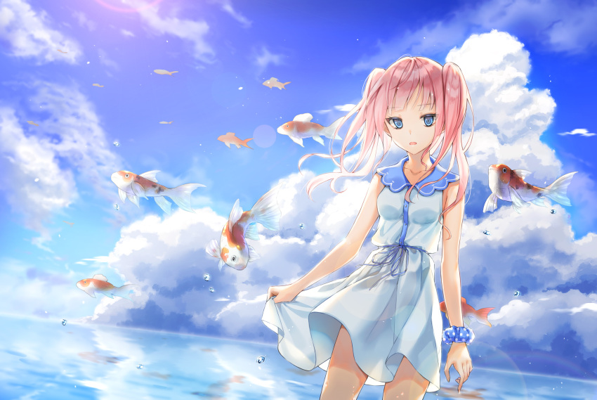 1girl bangs blue_eyes blue_sky cha_chya clouds cloudy_sky collarbone day dress english_commentary fang fish flying_fish highres looking_at_viewer medium_hair ocean open_mouth original outdoors pink_hair scrunchie sidelocks skirt_hold sky sleeveless slit_pupils solo sundress sunlight surreal twintails water_drop wet white_dress wrist_scrunchie
