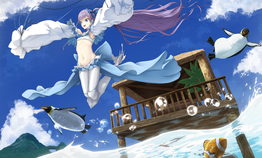 1girl armored_boots bangs bird blue_eyes blue_ribbon blue_skirt boots breasts clownfish commentary_request eyebrows_visible_through_hair fate/grand_order fate_(series) ginsyu hair_ribbon highres long_hair long_sleeves meltryllis navel ocean pantyhose penguin purple_hair ribbon skirt sleeves_past_wrists small_breasts smile solo very_long_hair white_legwear