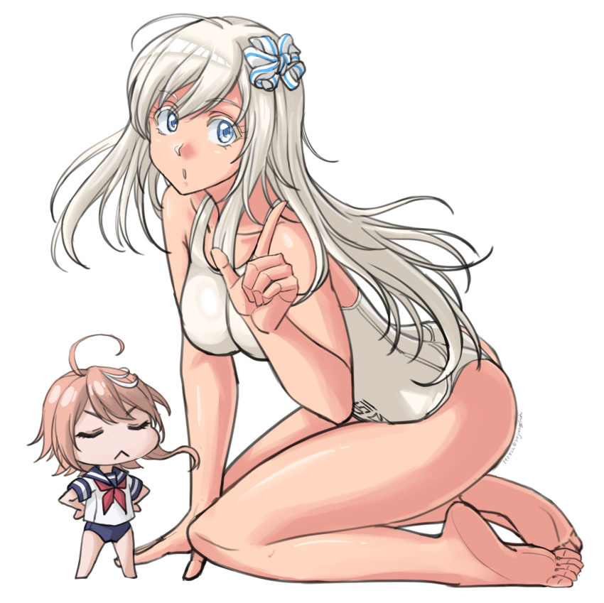 2girls ahoge alternate_breast_size ass barefoot blue_eyes blue_swimsuit breasts chibi commentary_request hair_ornament hair_ribbon highres i-58_(kantai_collection) index_finger_raised kantai_collection kneeling long_hair looking_at_viewer medium_breasts multiple_girls neckerchief pink_hair ribbon sailor_collar sailor_shirt school_swimsuit school_uniform serafuku shirt short_hair silver_hair simple_background solo_focus sozan swimsuit swimsuit_under_clothes u-511_(kantai_collection) white_background white_school_swimsuit white_swimsuit