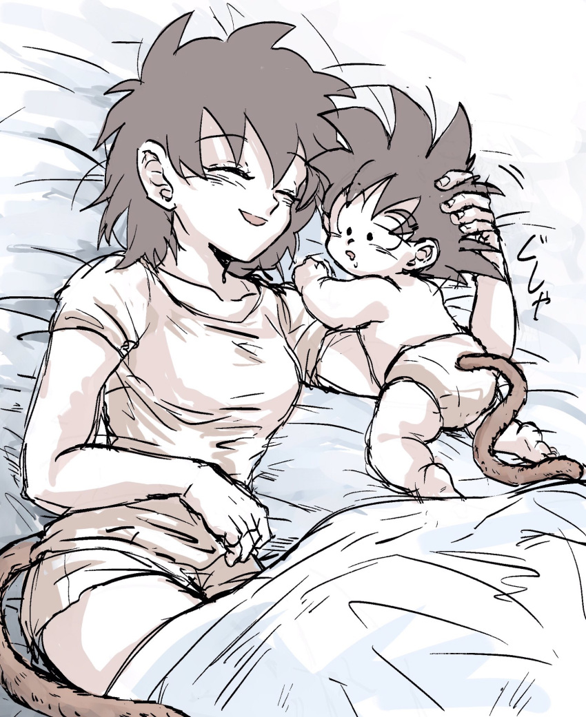 1boy 1girl baby bed_sheet black_hair closed_eyes collarbone commentary_request dragon_ball dragon_ball_minus gine hand_on_another's_head highres lying monkey_tail mother_and_son on_bed saza_(gogo77_bb) shirt sketch smile son_gokuu tail