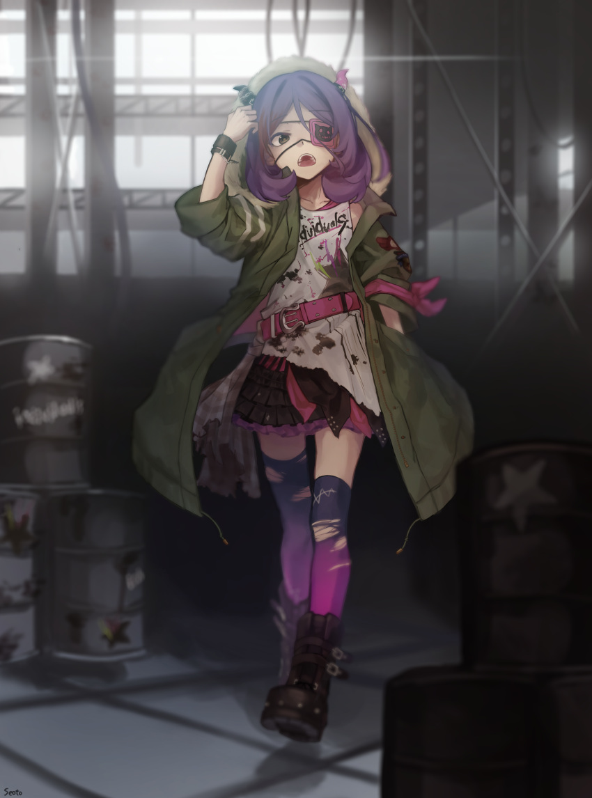 1girl absurdres armband backlighting barrel belt belt_buckle boots brown_eyes buckle clothes_writing coat commentary eyepatch factory fake_horns fang full_body fur_trim gradient gradient_legwear hand_in_pocket hayasaka_mirei highres hood hooded_coat idolmaster idolmaster_cinderella_girls idolmaster_cinderella_girls_starlight_stage individuals looking_at_viewer multicolored multicolored_clothes multicolored_hair multicolored_legwear open_clothes open_coat open_mouth purple_hair shirt skirt sleeves_rolled_up solo streaked_hair thigh-highs torn_clothes torn_legwear undershirt wristband yul_(user_gyut3424)