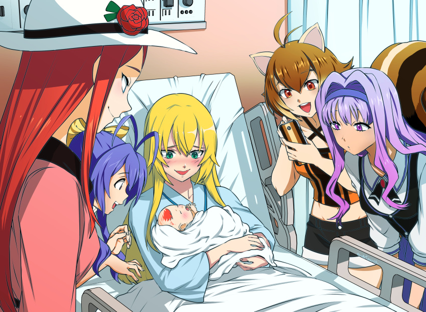 6+girls absurdres animal_ears antenna_hair baby bed blanket blazblue blonde_hair blue_eyes blue_hair blue_headband brown_eyes brown_hair cellphone derivative_work eudetenis flower genderswap genderswap_(mtf) green_eyes hairband hat hat_flower headband highres hospital_bed if_they_mated ips_cells jin_kisaragi kajun_faycott long_hair mai_natsume makoto_nanaya mother_and_daughter multiple_girls open_mouth phone purple_hair redhead rose short_hair signature smartphone smile squirrel_ears squirrel_girl squirrel_tail tail tears tsubaki_yayoi vest violet_eyes white_headwear yuri