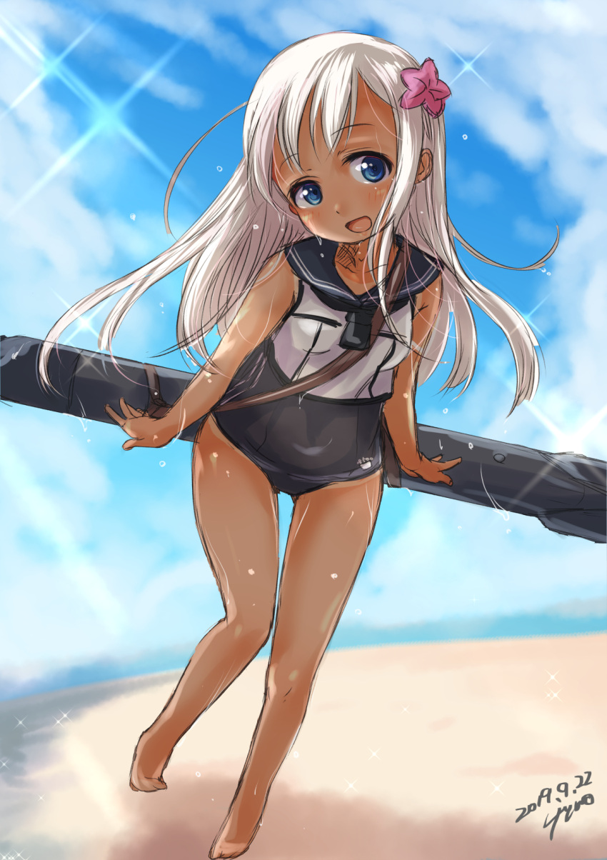 1girl bangs beach blue_eyes blue_sky blush breasts clouds commentary_request crop_top day eyebrows_visible_through_hair flower fyuo hair_flower hair_ornament highres kantai_collection long_hair looking_at_viewer one-piece_swimsuit one-piece_tan open_mouth outdoors ro-500_(kantai_collection) sailor_collar school_swimsuit school_uniform serafuku sky small_breasts smile solo standing swimsuit swimsuit_under_clothes tan tanline torpedo water_drop wet