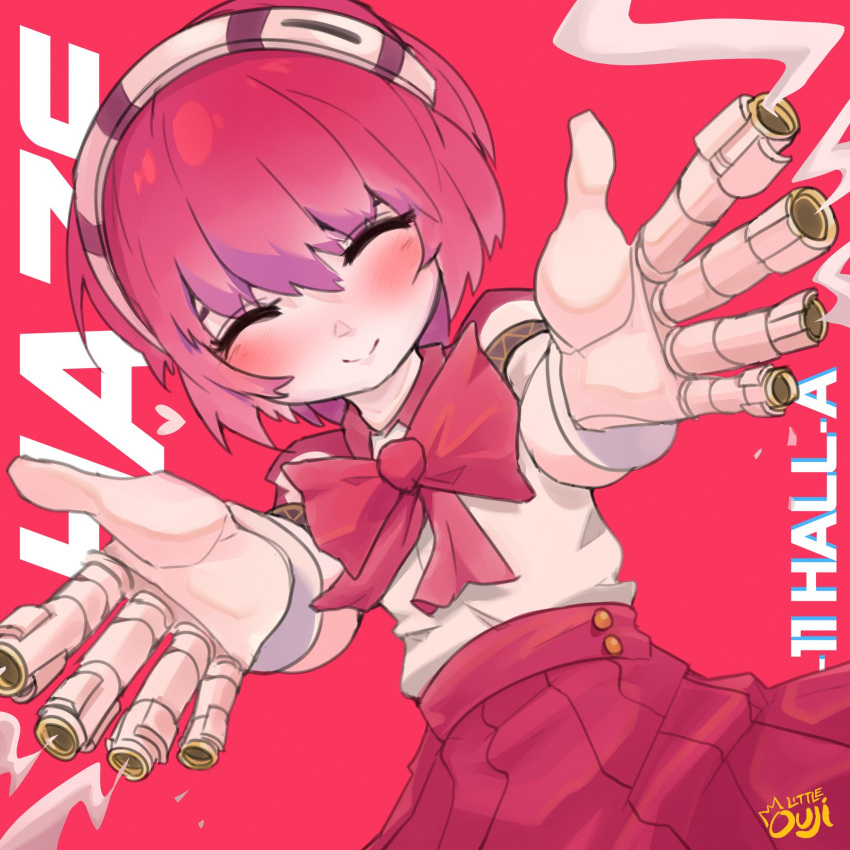 1girl blush bow bowtie closed_eyes cyberpunk dorothy_haze english_text finger_gun hairband highres little_ouji pink_background signature smile smoke solo va-11_hall-a