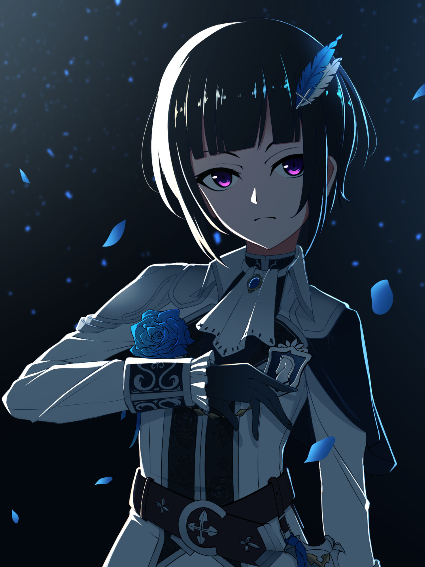 1girl ascot bangs belt black_gloves black_hair blue_flower blue_petals blue_rose blunt_bangs bob_cut brooch capelet chess_piece dear_knight emblem falling_petals feathers flower gloves hair_feathers hand_on_own_chest highres idolmaster idolmaster_cinderella_girls jewelry knight_(chess) looking_at_viewer night rose shirayuki_chiyo sidelocks solo sword_hilt violet_eyes white_coat z.taiga