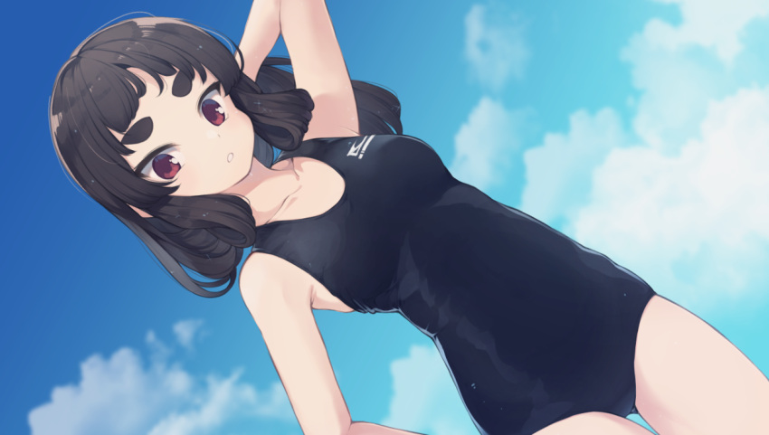 1girl arm_up ass_visible_through_thighs bare_arms bare_shoulders black_hair black_swimsuit blue_sky breasts clouds cloudy_sky collarbone day hand_behind_head kuranami_shiki looking_at_viewer medium_breasts natsuki_teru one-piece_swimsuit original outdoors parted_lips red_eyes short_eyebrows sky solo swimsuit thick_eyebrows