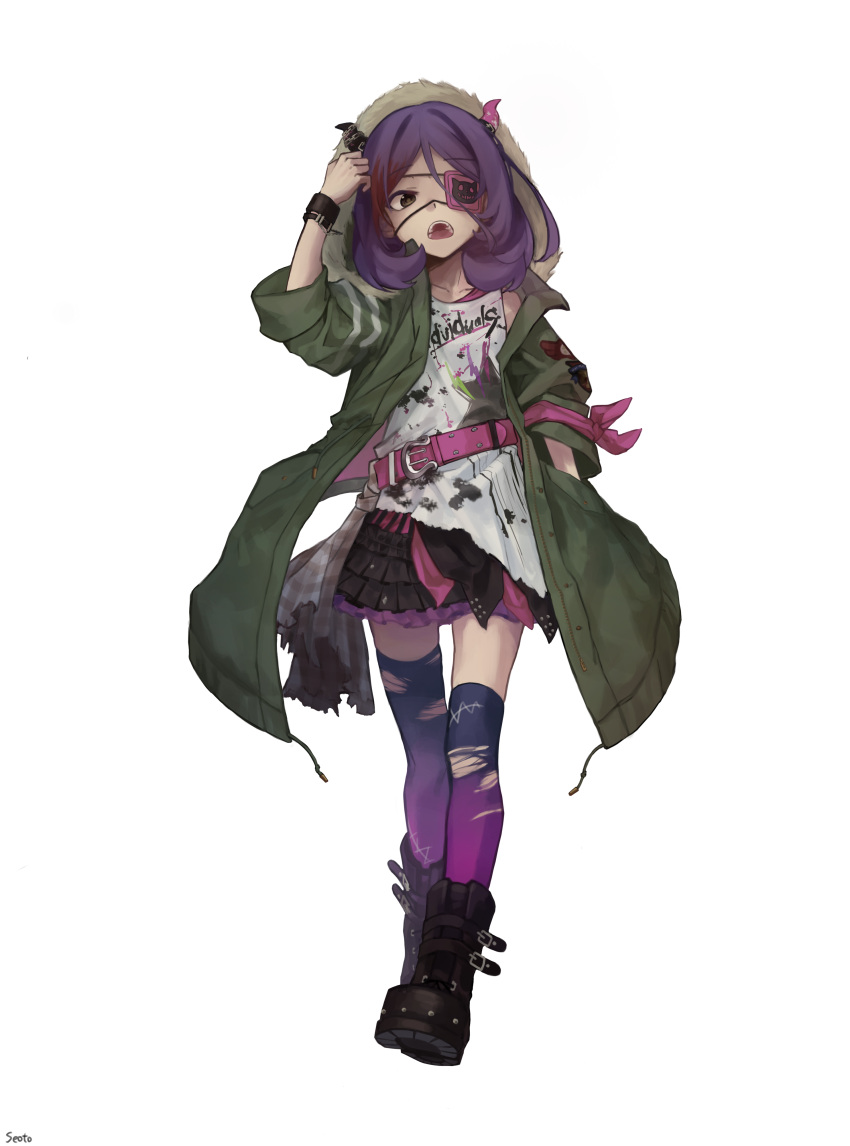 1girl absurdres armband belt belt_buckle boots brown_eyes buckle clothes_writing coat commentary eyepatch fake_horns fang full_body fur_trim gradient gradient_legwear hand_in_pocket hayasaka_mirei highres hood hooded_coat idolmaster idolmaster_cinderella_girls idolmaster_cinderella_girls_starlight_stage individuals looking_at_viewer multicolored multicolored_clothes multicolored_hair multicolored_legwear open_clothes open_coat open_mouth purple_hair shirt simple_background skirt sleeves_rolled_up solo streaked_hair thigh-highs torn_clothes torn_legwear undershirt white_background wristband yul_(user_gyut3424)