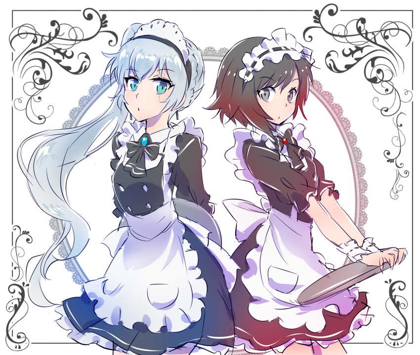 2girls apron black_hair blue_eyes commentary_request frills highres iesupa maid maid_apron maid_dress maid_headdress multiple_girls ponytail redhead ruby_rose rwby scar scar_across_eye short_hair silver_hair tray waitress weiss_schnee white_hair