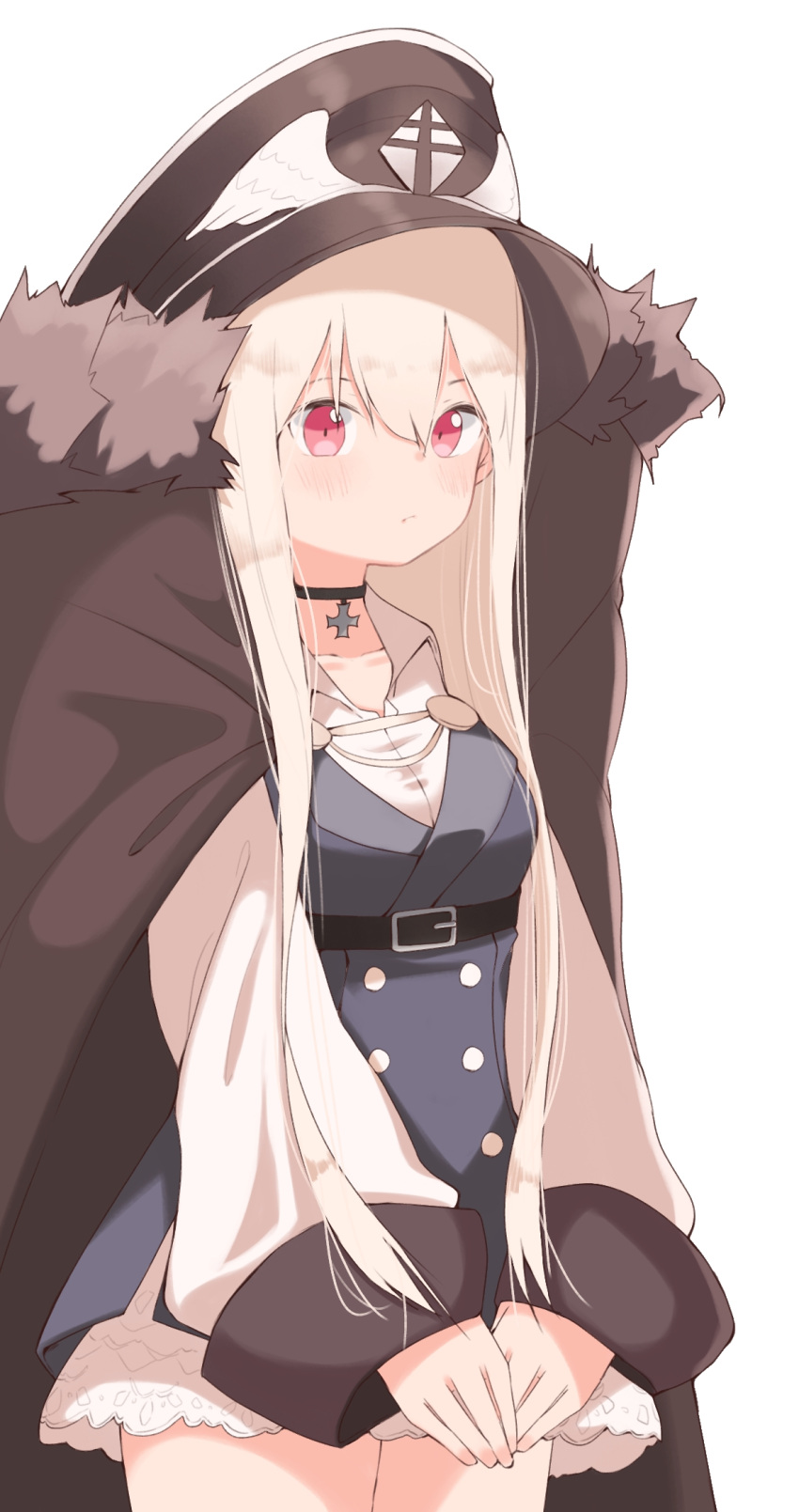 1girl bangs belt belt_buckle black_belt black_choker blue_jacket blush brown_cape brown_headwear buckle cape choker closed_mouth collarbone commentary dress eyebrows_behind_hair fur-trimmed_cape fur_trim girls_frontline hair_between_eyes hat highres iron_cross jacket kar98k_(girls_frontline) light_brown_hair long_hair long_sleeves peaked_cap red_eyes simple_background sleeves_past_wrists solo tosyeo v_arms very_long_hair white_background white_dress