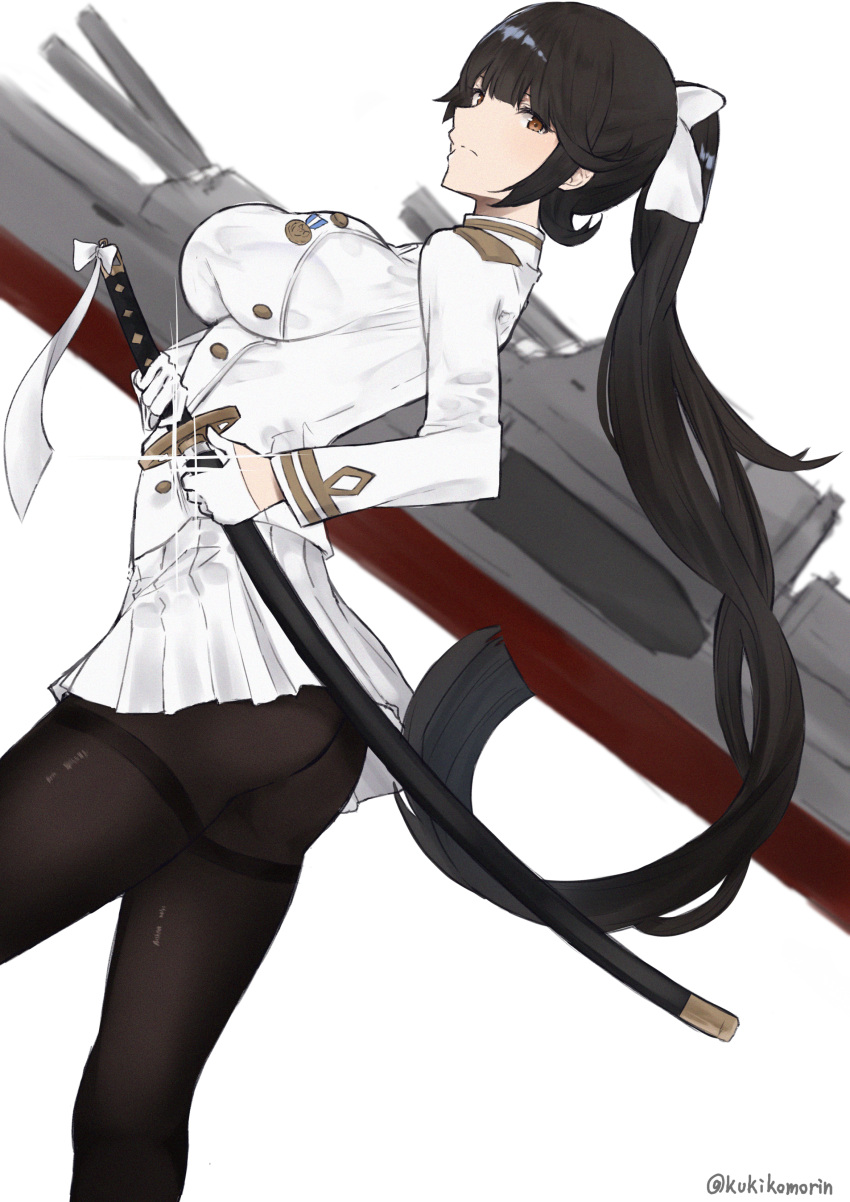 1girl absurdres ass azur_lane black_hair black_legwear bow breasts coat cowboy_shot dutch_angle glint gloves hair_bow highres huge_filesize impossible_clothes katana kukikomori large_breasts long_hair long_sleeves looking_at_viewer military military_uniform miniskirt orange_eyes pantyhose pleated_skirt ponytail scabbard sheath simple_background skirt solo sword takao_(azur_lane) turret twitter_username uniform unsheathing weapon white_background white_gloves white_skirt