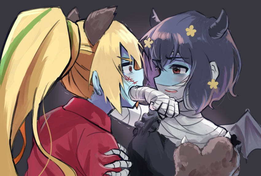 2girls animal_ears bandages bangs biting black_hair blonde_hair blue_skin costume flower gloves hair_flower hair_ornament horn long_hair mizuno_ai multicolored_hair multiple_girls nikaidou_saki open_mouth ponytail red_eyes scar sgen short_hair stitches wings zombie zombie_land_saga