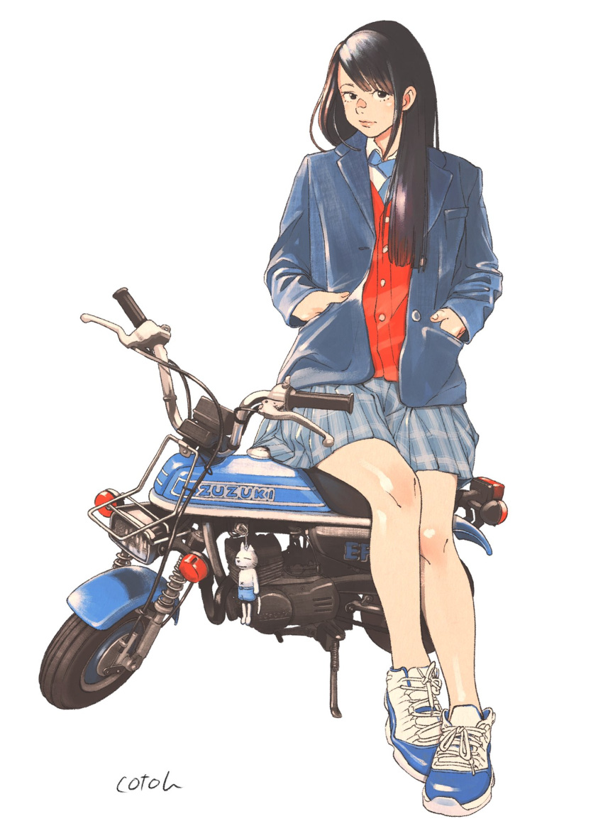 1girl bangs black_eyes black_hair blazer blue_footwear blue_neckwear collared_shirt cotoh_tsumi ground_vehicle hands_in_pockets highres jacket long_hair looking_at_viewer motor_vehicle motorcycle necktie on_motorcycle original plaid plaid_skirt pleated_skirt red_vest shirt shoes signature simple_background sitting skirt solo swept_bangs vest white_background white_shirt