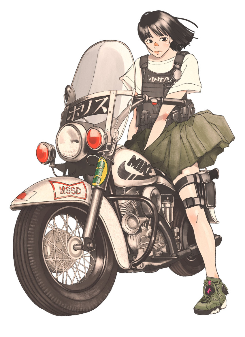 1girl bangs black_eyes black_hair bulletproof_vest cotoh_tsumi full_body green_footwear green_skirt ground_vehicle highres holster medium_hair motor_vehicle motorcycle nike on_motorcycle original pleated_skirt shield shirt shoes short_sleeves simple_background sitting skirt solo thigh_holster vest white_background white_shirt