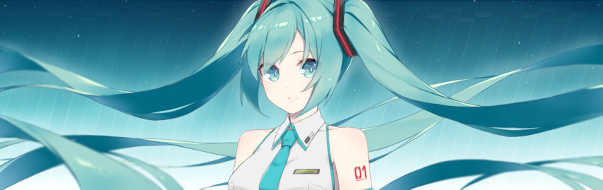 1girl aqua_eyes aqua_hair bangs bare_shoulders blue_eyes blue_hair blue_neckwear collar eyebrows_visible_through_hair eyes_visible_through_hair fhang floating_hair h hair_between_eyes hair_ornament hatsune_miku long_hair looking_at_viewer necktie shoulder_tattoo sidelocks simple_background sleeveless solo tattoo twintails upper_body very_long_hair vocaloid