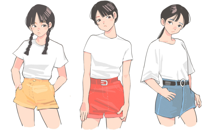 3girls bangs belt black_hair blue_skirt braid cotoh_tsumi cowboy_shot hands_in_pockets highres long_hair multiple_girls original ponytail red_shorts shirt short_hair short_sleeves shorts simple_background skirt twin_braids twintails white_background white_shirt yellow_shorts