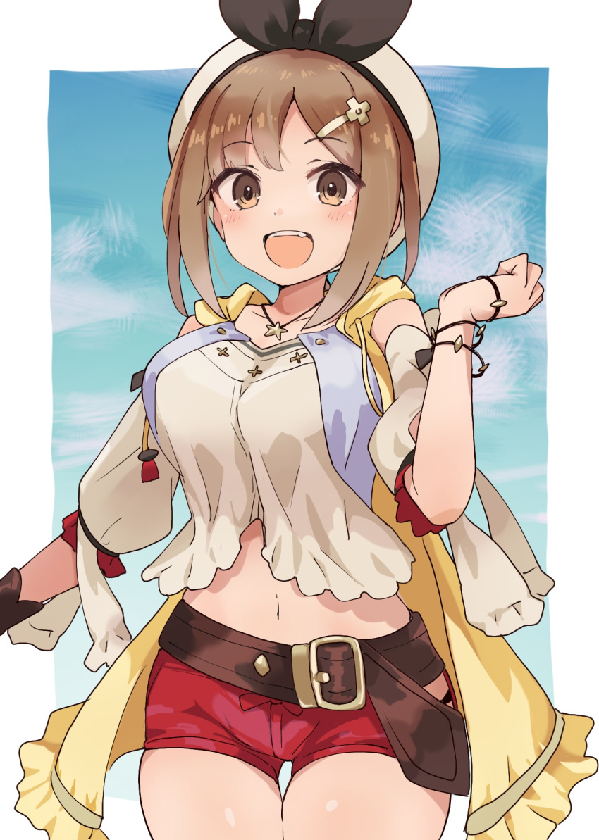 1girl :d atelier_(series) atelier_ryza bangs belt belt_buckle beret black_ribbon blue_sky blush breasts brown_belt brown_eyes brown_hair brown_shirt buckle clouds collarbone commentary_request cowboy_shot day ddak5843 eyebrows_visible_through_hair hair_ornament hairclip hand_up hat highres jacket jewelry looking_at_viewer medium_breasts navel necklace open_clothes open_jacket open_mouth puffy_short_sleeves puffy_sleeves red_shorts reisalin_stout ribbon shirt short_shorts short_sleeves shorts sidelocks sky sleeveless sleeveless_jacket smile solo star star_necklace thigh_gap upper_teeth white_headwear yellow_jacket