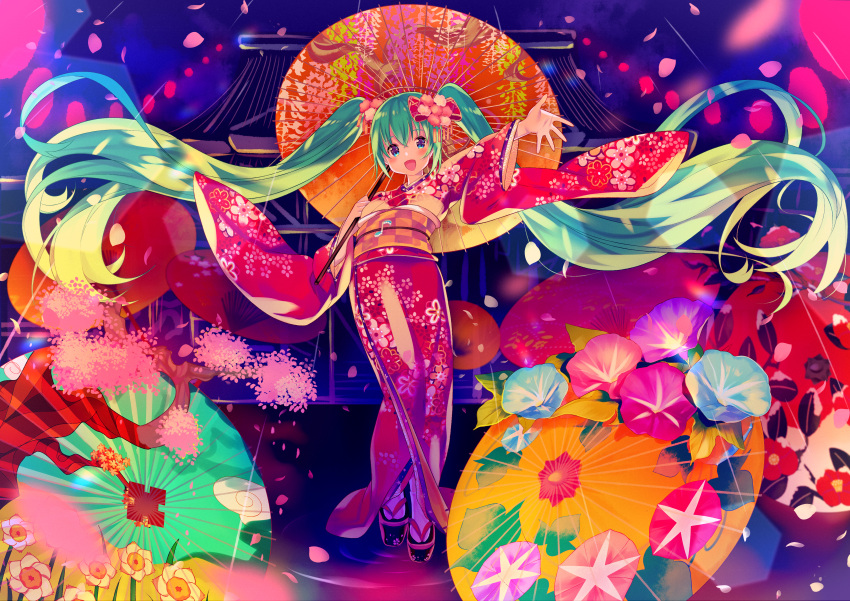 1girl :d absurdres bangs black_footwear blue_eyes blue_flower blush bow checkered cherry_blossoms commentary_request eighth_note eyebrows_visible_through_hair floral_print flower green_hair hair_between_eyes hair_bow hair_flower hair_ornament hatsune_miku highres holding holding_umbrella ikari_(aor3507) japanese_clothes kimono long_hair musical_note obi open_mouth orange_umbrella oriental_umbrella outstretched_arm petals pink_flower print_kimono purple_flower red_bow red_kimono sash sidelocks smile socks solo tabi twintails umbrella very_long_hair vocaloid white_legwear wide_sleeves zouri