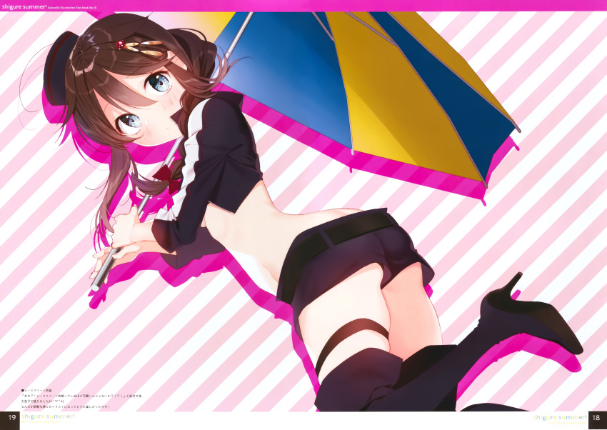 1girl absurdres bangs blue_eyes boots braid brown_hair eyebrows_visible_through_hair hair_ornament hat high_heels highres holding huge_filesize kantai_collection long_sleeves midriff naoto_(tulip) scan shigure_(kantai_collection) shiny shiny_hair shorts simple_background single_braid solo striped striped_background thigh-highs thigh_boots umbrella