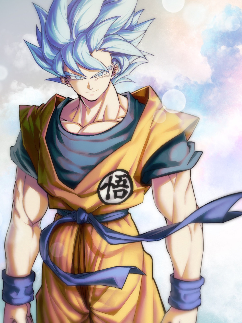 1boy aqua_background arms_at_sides blue_background blue_eyes blue_hair blurry bokeh clenched_hands clothes_lift depth_of_field dougi dragon_ball dragon_ball_super dragon_ball_z floating_hair gradient gradient_background grey_background highres light_smile looking_at_viewer male_focus mattari_illust muscle pectorals pink_background shaded_face simple_background smile son_gokuu spiky_hair standing super_saiyan_blue upper_body white_background wind wind_lift wristband