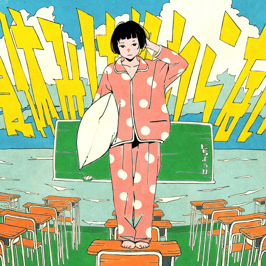 1girl bangs barefoot black_eyes black_hair blunt_bangs clouds cloudy_sky commentary_request cotoh_tsumi desk full_body highres holding holding_pillow long_sleeves looking_at_viewer original pajamas pillow pink_pajamas polka_dot polka_dot_pajamas short_hair sky solo standing translation_request