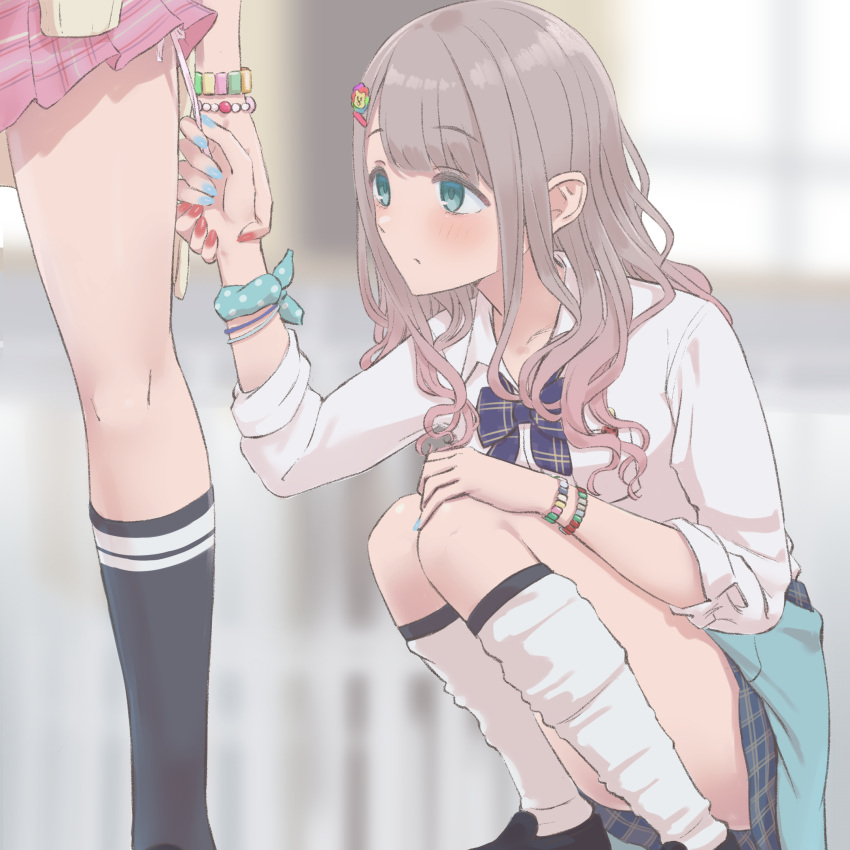2girls bangs blunt_bangs blurry blurry_background blush clothes_around_waist depth_of_field eyebrows_visible_through_hair grey_hair hair_ornament hairpin hand_on_own_knee head_out_of_frame highres holding_another's_wrist holding_strap idolmaster idolmaster_shiny_colors jacket jacket_around_waist kneehighs long_hair looking_at_object lower_body mayuzumi_fuyuko multiple_girls nail_polish open_clothes panties panty_straps plaid plaid_skirt serizawa_asahi side-tie_panties skirt solo_focus squatting umirororo underwear wavy_hair