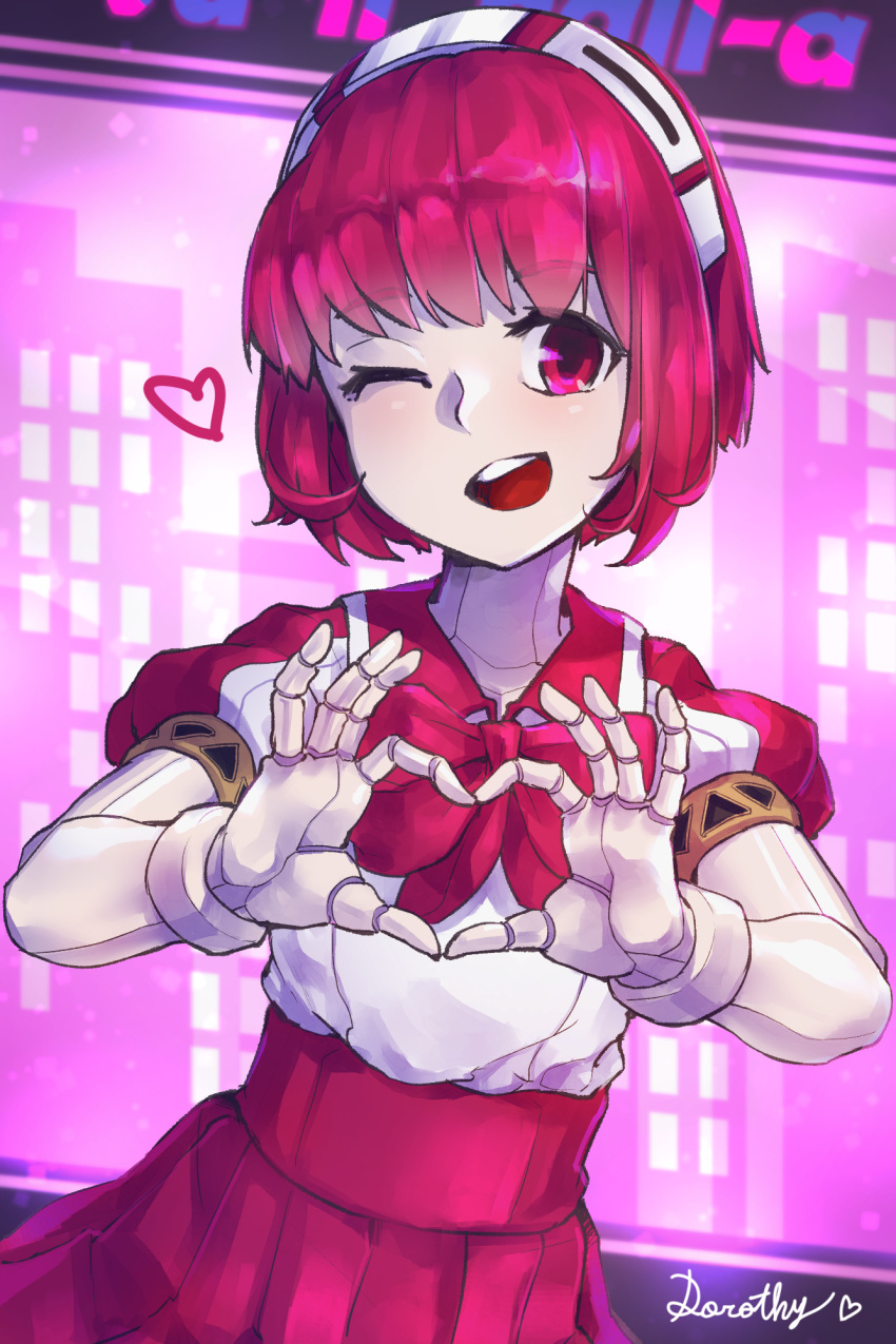 1girl android bar bow bowtie city cityscape copyright_name cyberpunk dorothy_haze hairband hand_gesture heart heart_hands highres mr.lime one_eye_closed out_of_frame pink_eyes pink_hair solo va-11_hall-a window